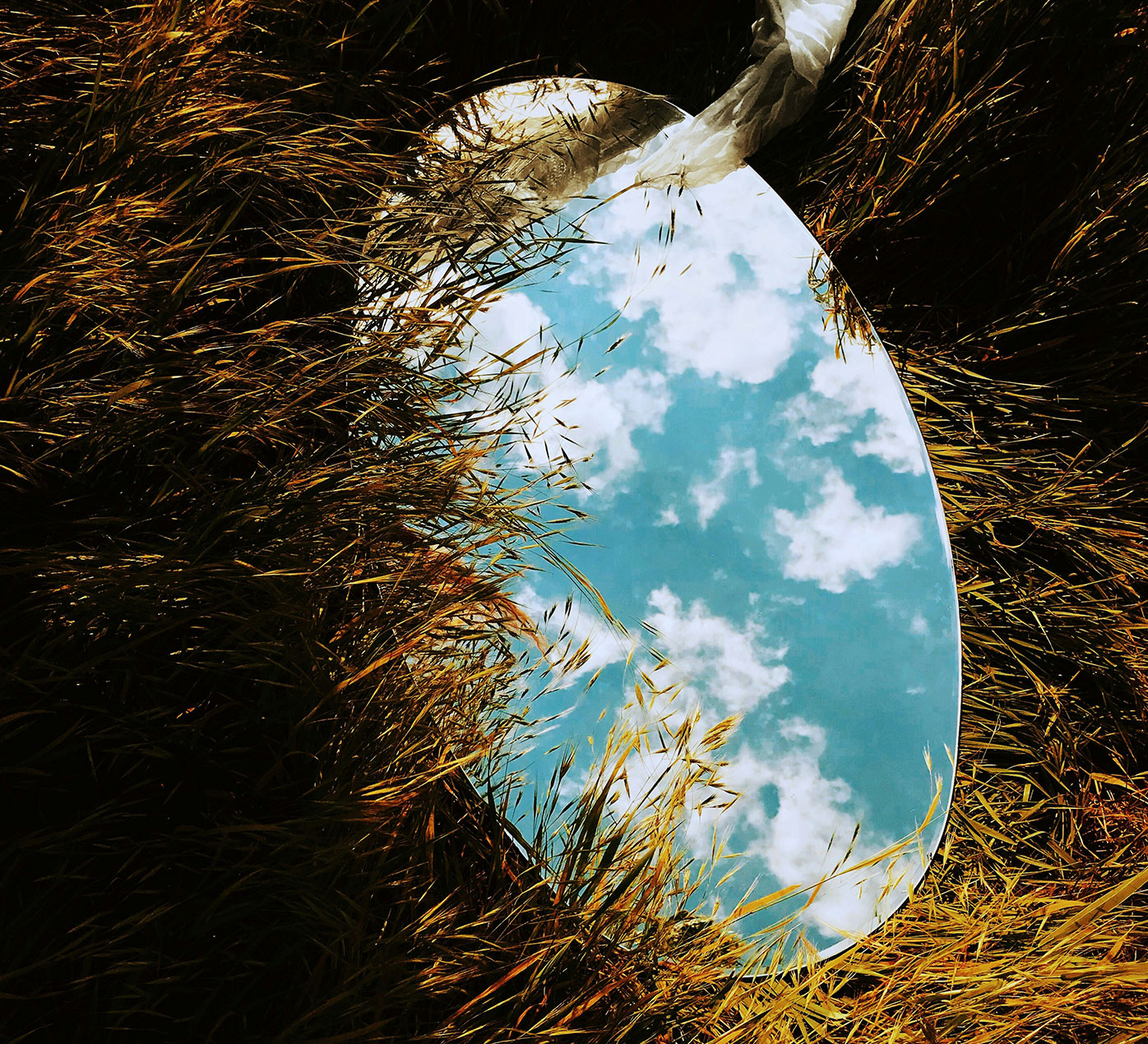 Mirror laying in the grass reflecting the sky