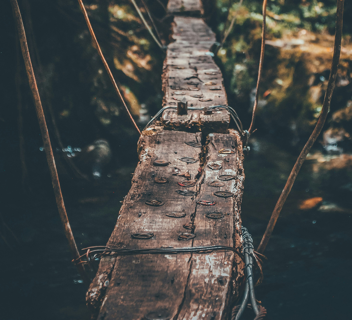 Old weathered wood and rope bridge